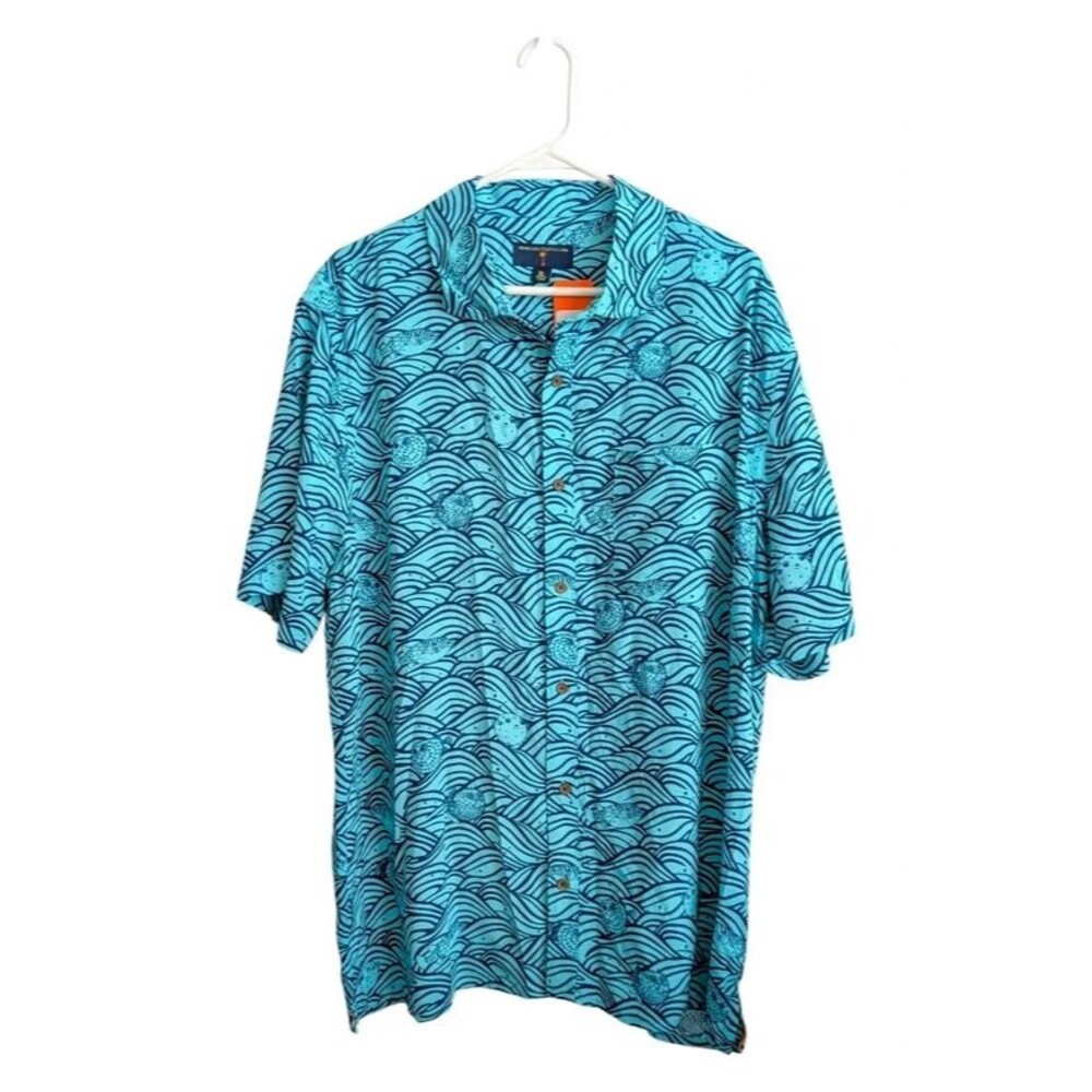 MargMargaritaville Mens Button Down Blue Ocean Wave Shirt Pufferfish XL New Tags